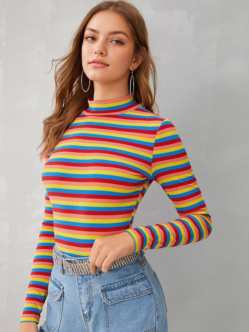 Floerns Women's High Neck Long Sleeve Slim Fit Stretch Striped T-Shirts Multi-1, S - Image 3